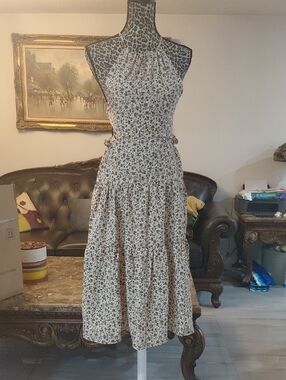 Smocked Halter Midi Dress in Cream with Brown Floral Print
